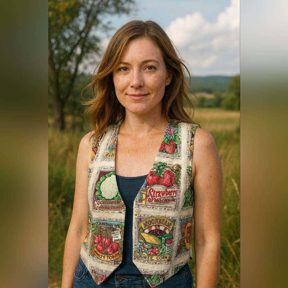vintage handmade printed farmhouse‎ Colorful Fruit Print novelty Vest S (#452)